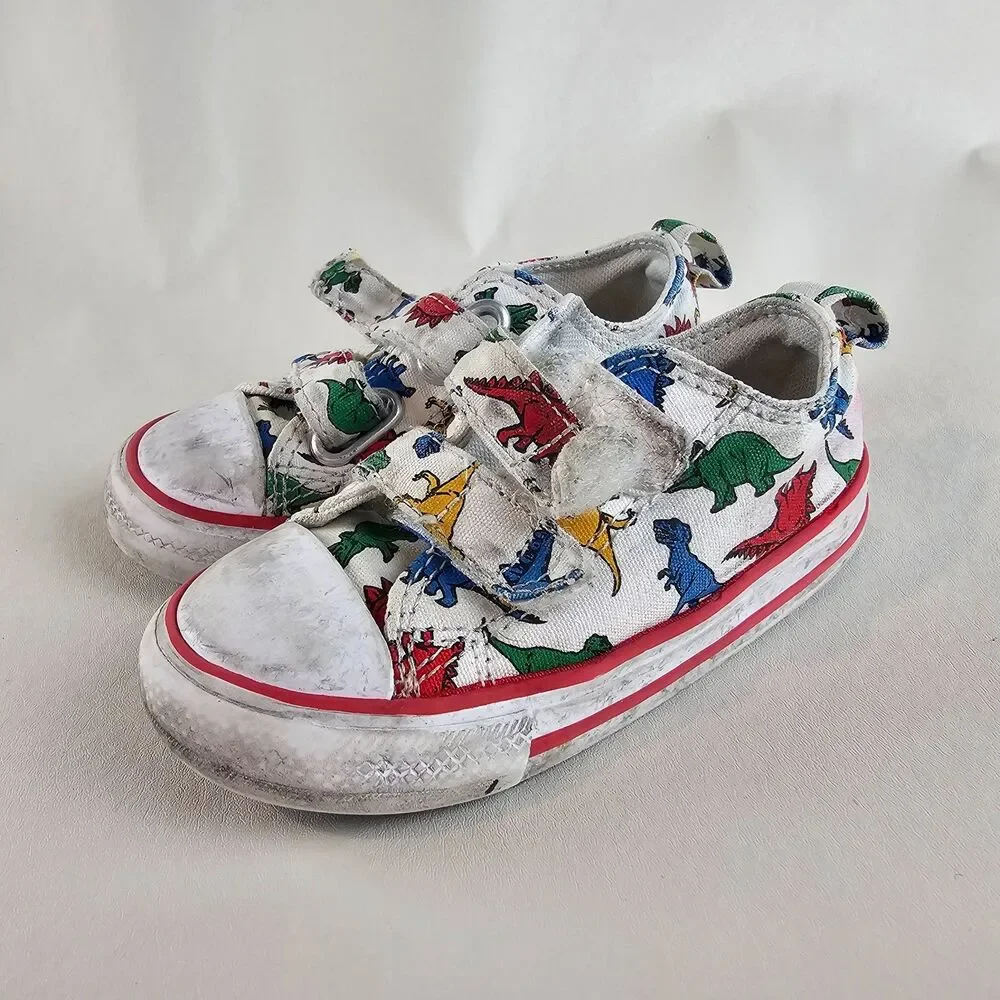 Converse All Star Dino Print Toddler Shoes US 7 White Hook Loop Sneakers Canvas